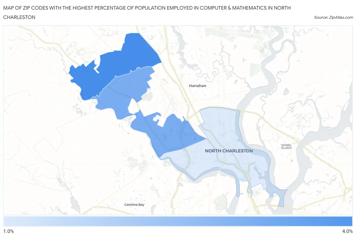 Zip Codes with the Highest Percentage of Population Employed in Computer & Mathematics in North Charleston Map