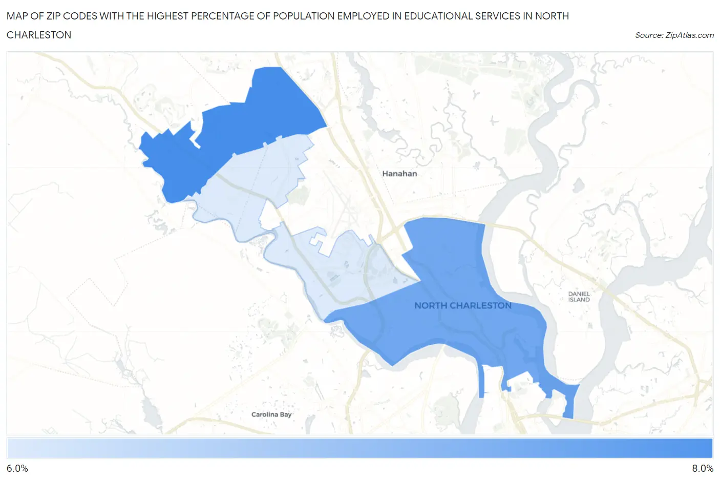 Zip Codes with the Highest Percentage of Population Employed in Educational Services in North Charleston Map