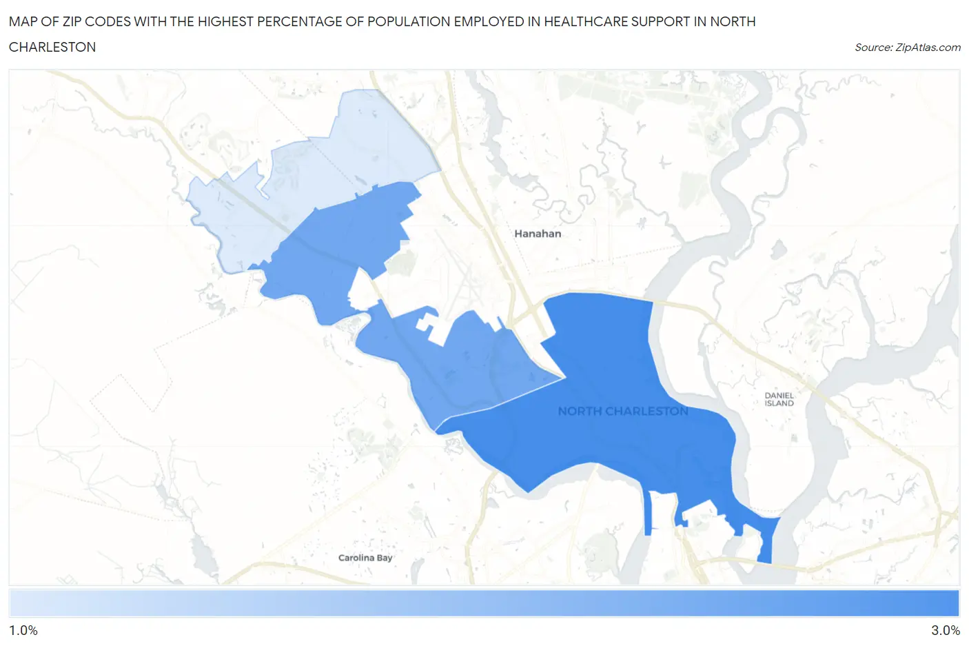 Zip Codes with the Highest Percentage of Population Employed in Healthcare Support in North Charleston Map