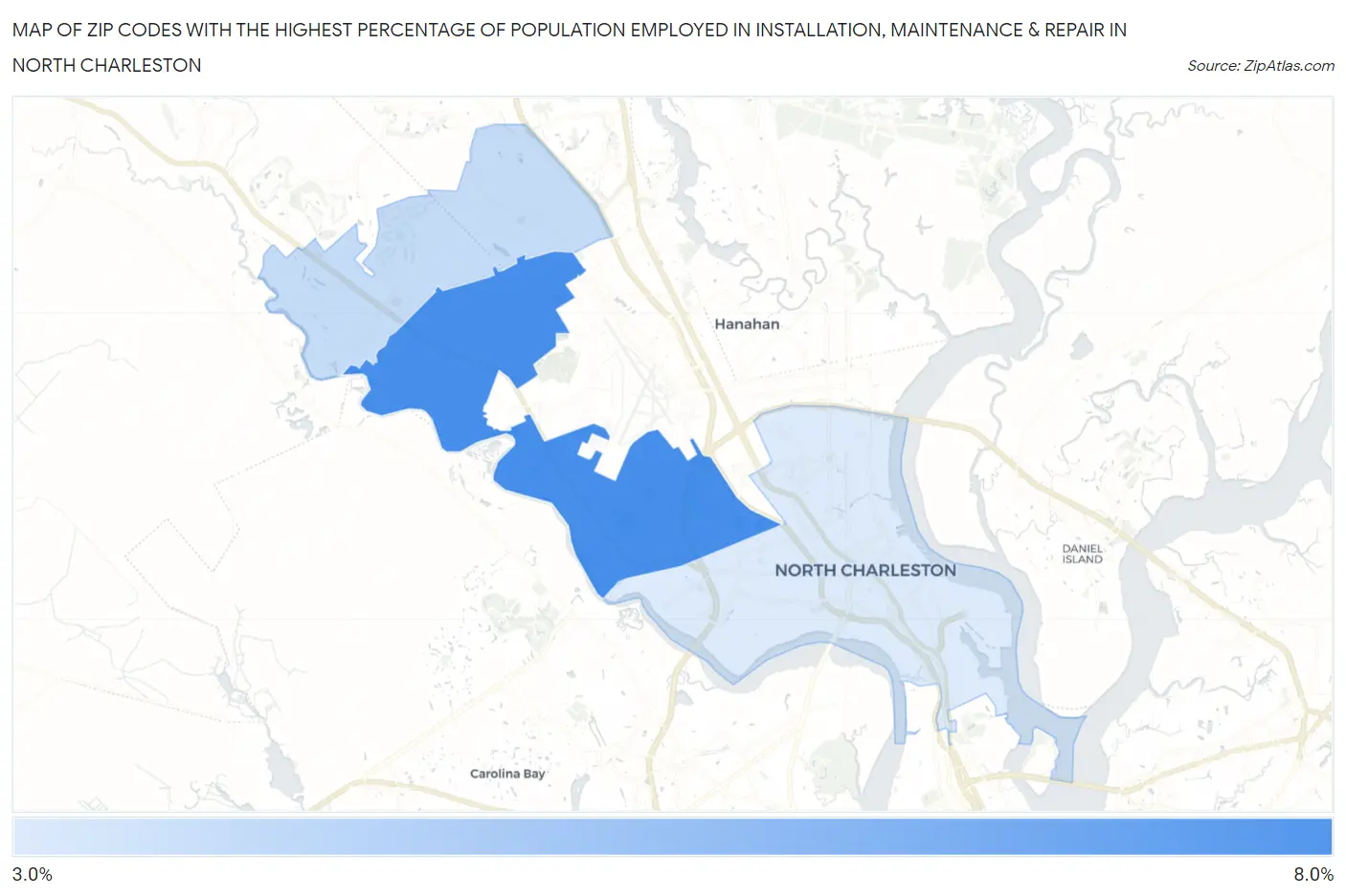 Zip Codes with the Highest Percentage of Population Employed in Installation, Maintenance & Repair in North Charleston Map