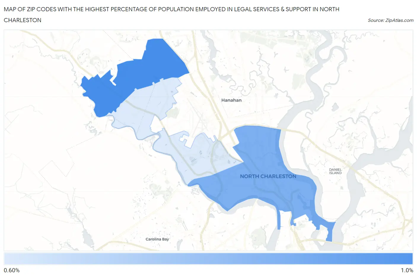 Zip Codes with the Highest Percentage of Population Employed in Legal Services & Support in North Charleston Map