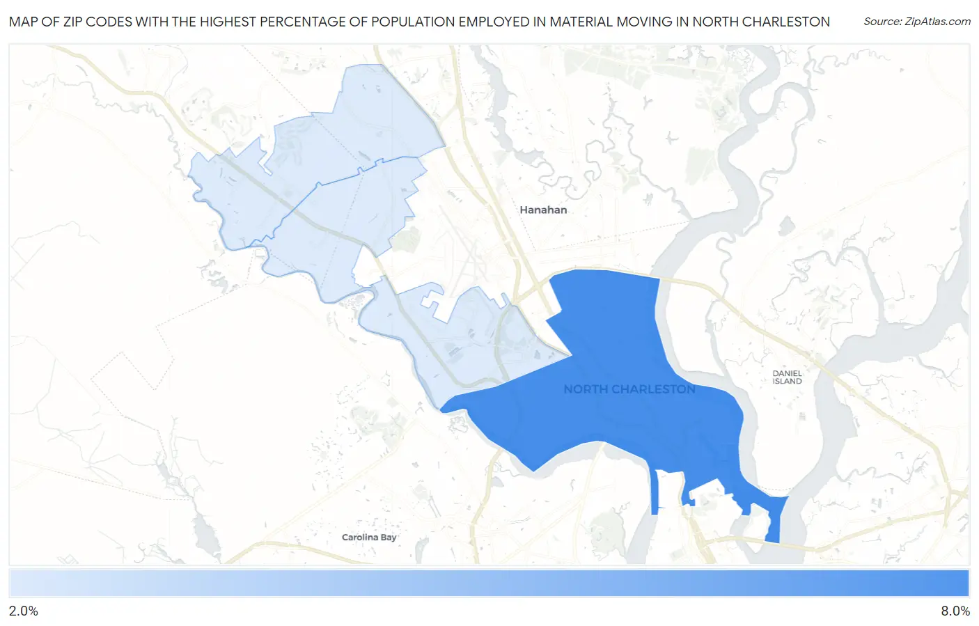 Zip Codes with the Highest Percentage of Population Employed in Material Moving in North Charleston Map