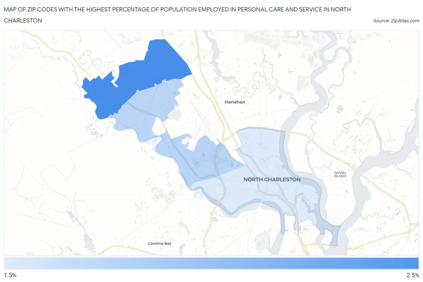 Zip Codes with the Highest Percentage of Population Employed in Personal Care and Service in North Charleston Map