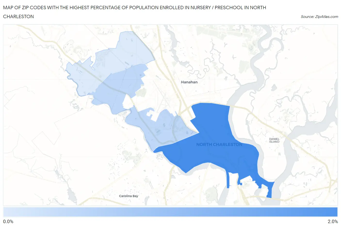 Zip Codes with the Highest Percentage of Population Enrolled in Nursery / Preschool in North Charleston Map
