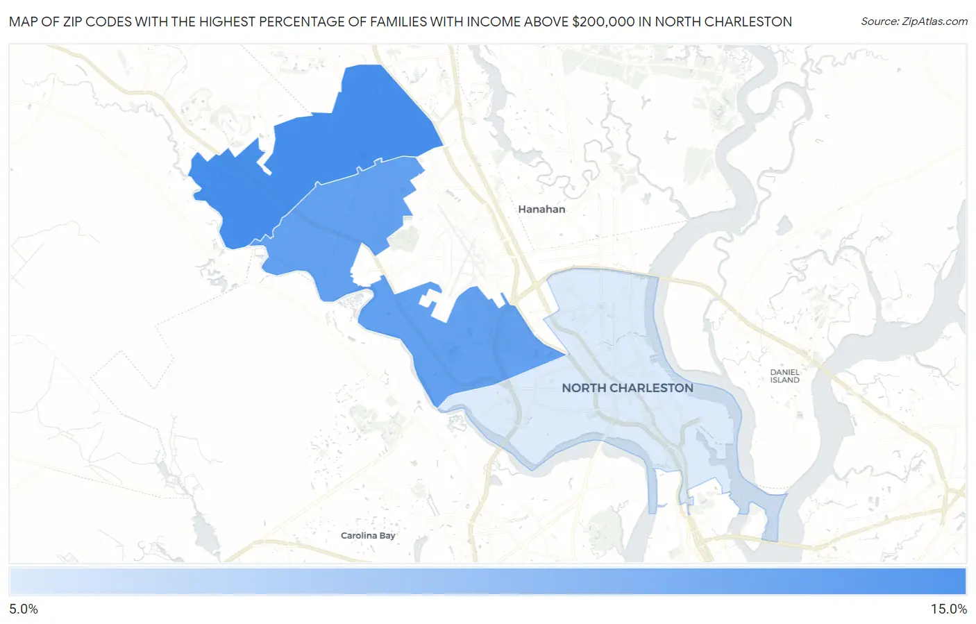 Zip Codes with the Highest Percentage of Families with Income Above $200,000 in North Charleston Map