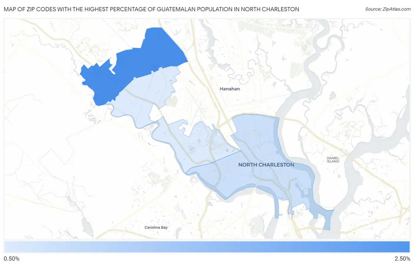 Zip Codes with the Highest Percentage of Guatemalan Population in North Charleston Map