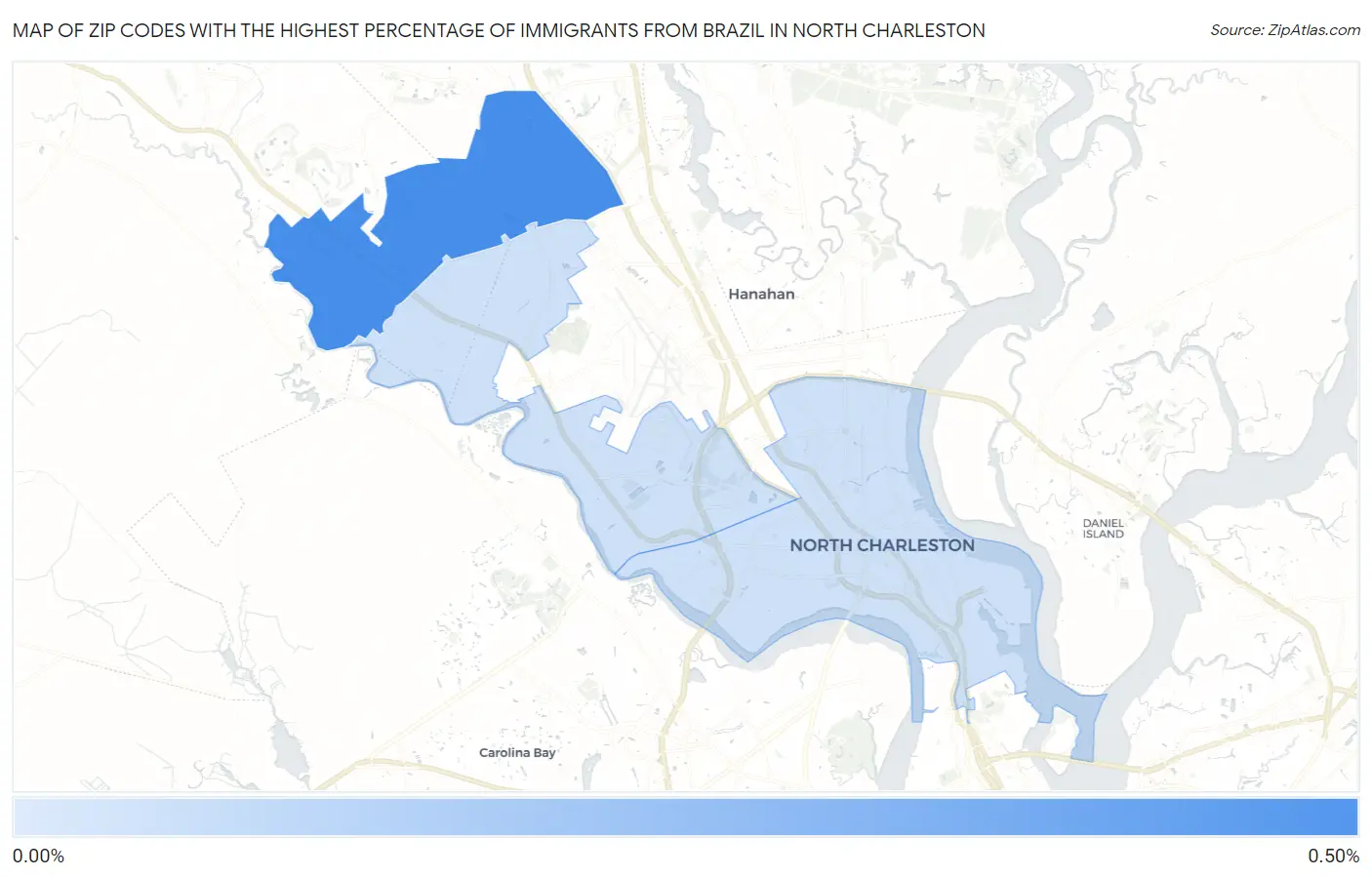Zip Codes with the Highest Percentage of Immigrants from Brazil in North Charleston Map