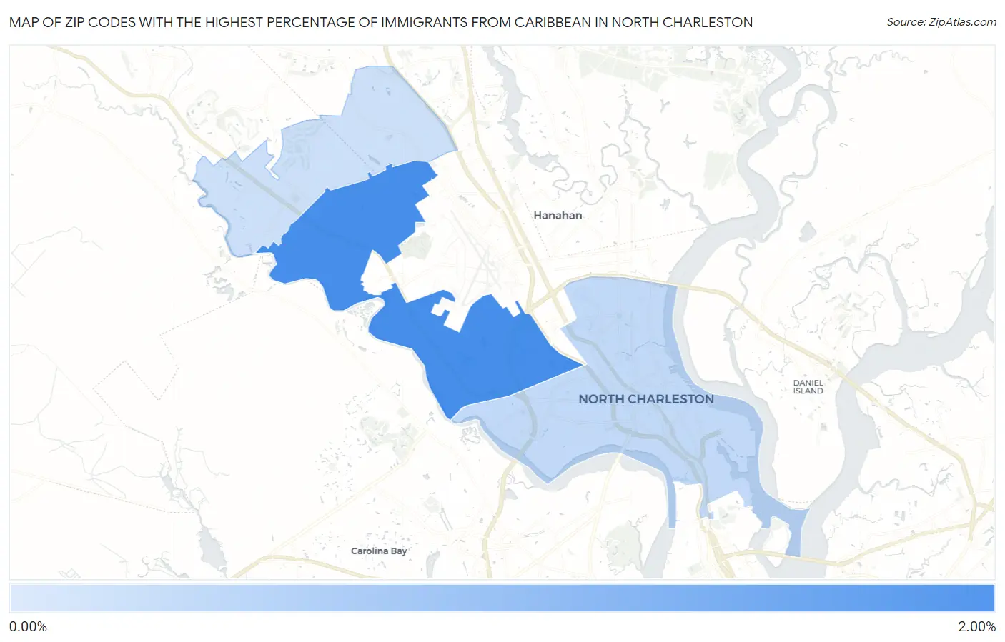 Zip Codes with the Highest Percentage of Immigrants from Caribbean in North Charleston Map
