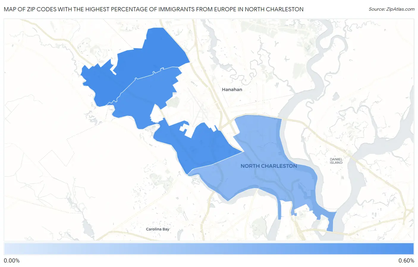 Zip Codes with the Highest Percentage of Immigrants from Europe in North Charleston Map