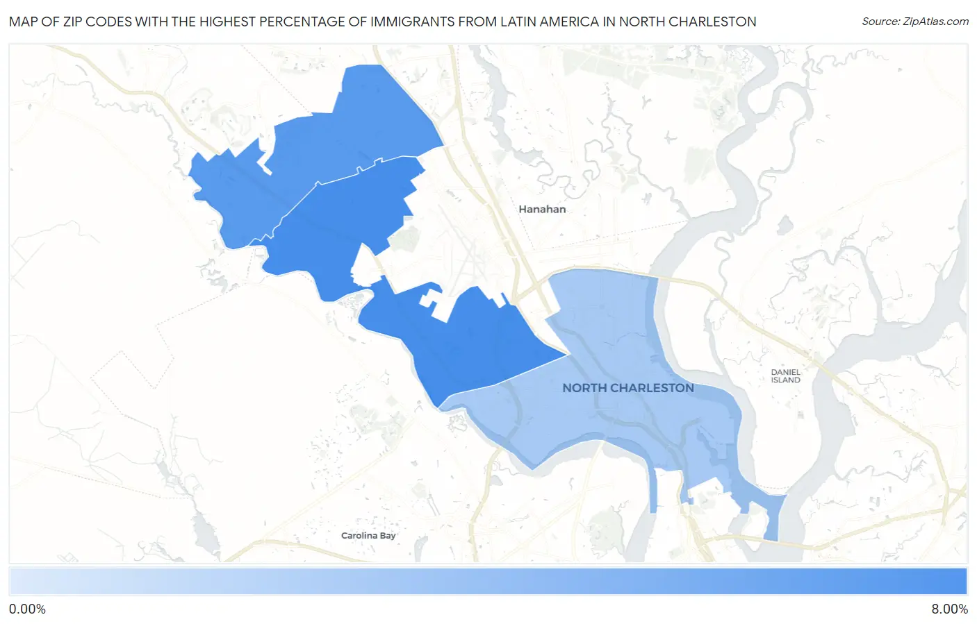 Zip Codes with the Highest Percentage of Immigrants from Latin America in North Charleston Map