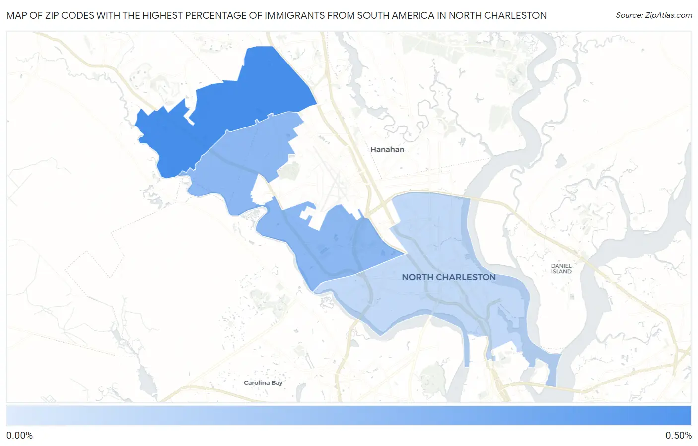 Zip Codes with the Highest Percentage of Immigrants from South America in North Charleston Map
