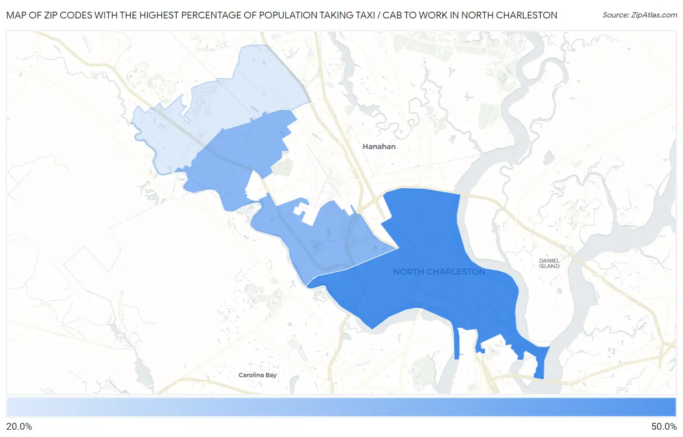 Zip Codes with the Highest Percentage of Population Taking Taxi / Cab to Work in North Charleston Map