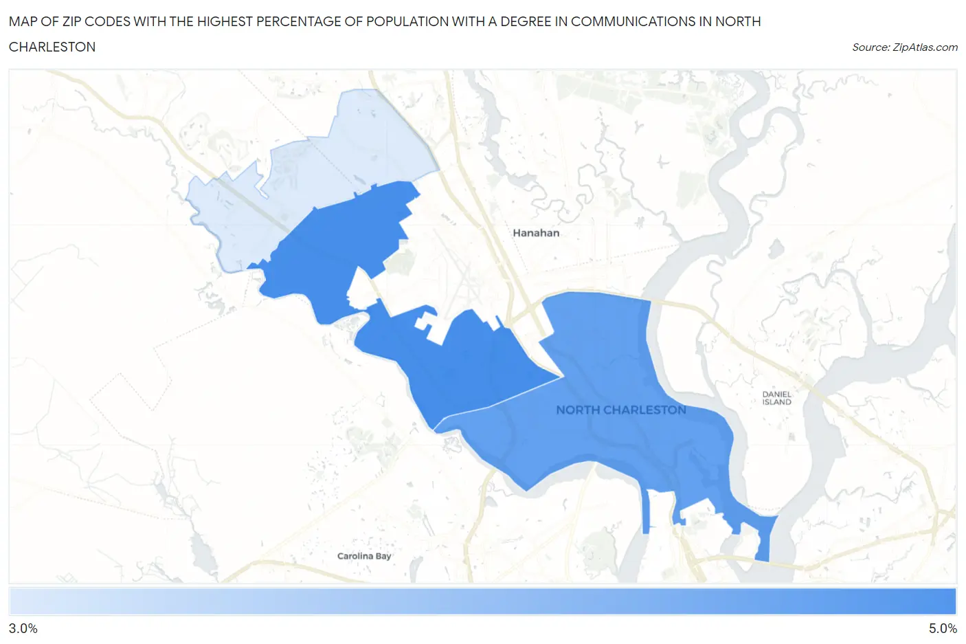 Zip Codes with the Highest Percentage of Population with a Degree in Communications in North Charleston Map