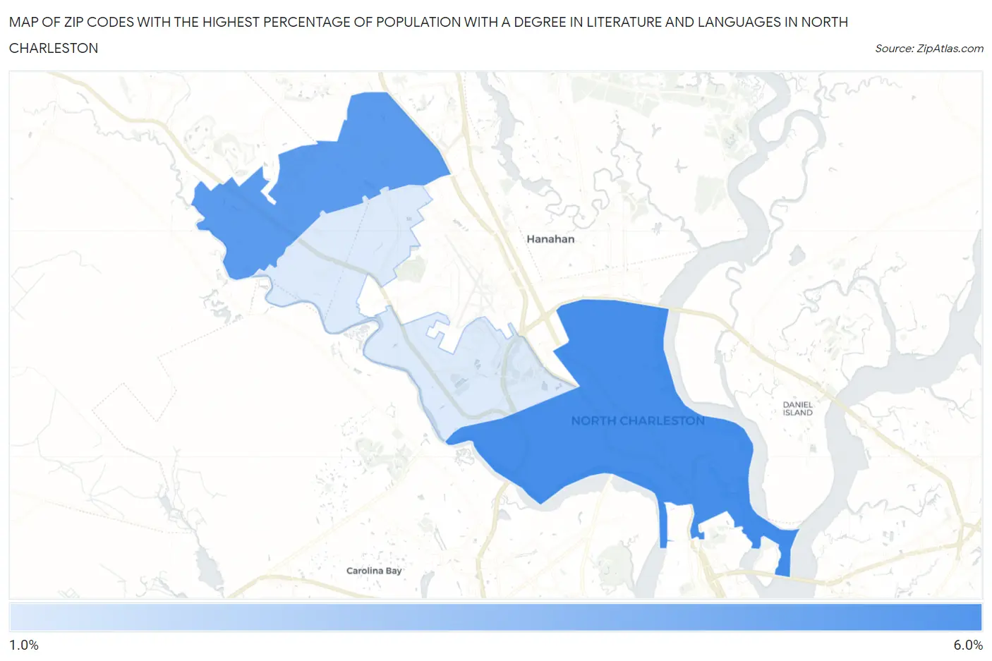 Zip Codes with the Highest Percentage of Population with a Degree in Literature and Languages in North Charleston Map