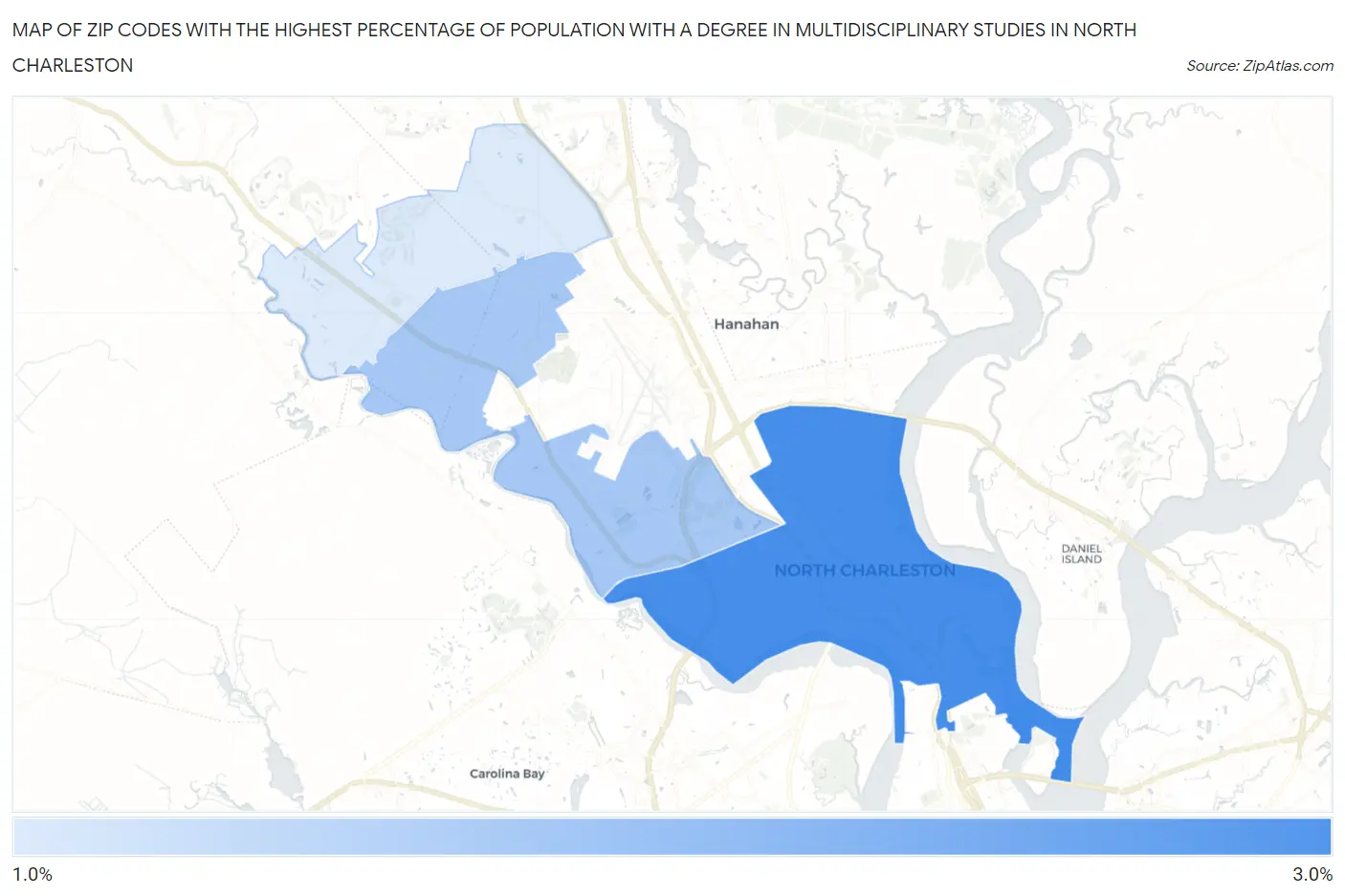 Zip Codes with the Highest Percentage of Population with a Degree in Multidisciplinary Studies in North Charleston Map