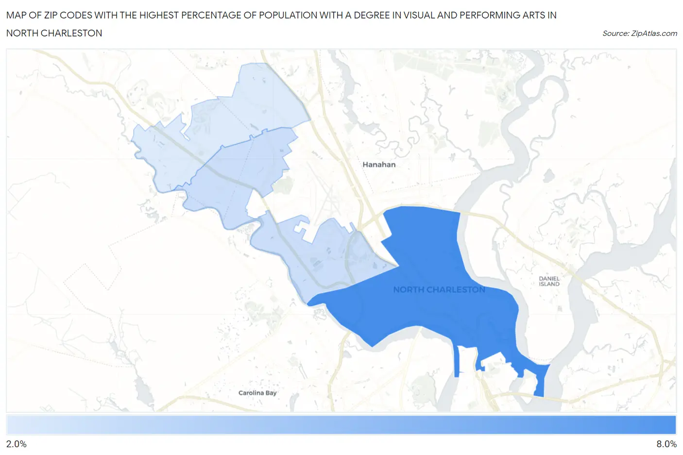 Zip Codes with the Highest Percentage of Population with a Degree in Visual and Performing Arts in North Charleston Map