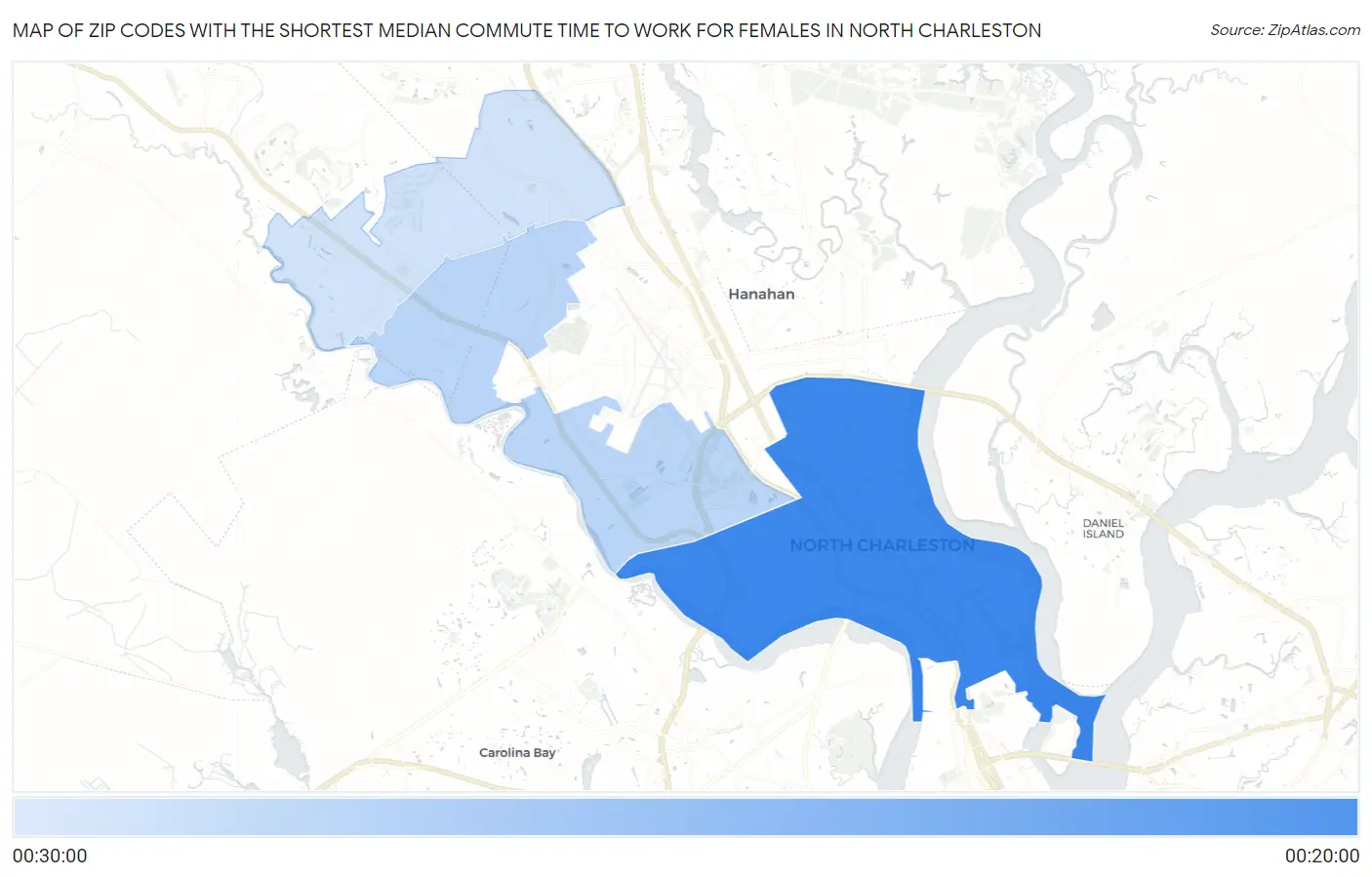 Zip Codes with the Shortest Median Commute Time to Work for Females in North Charleston Map