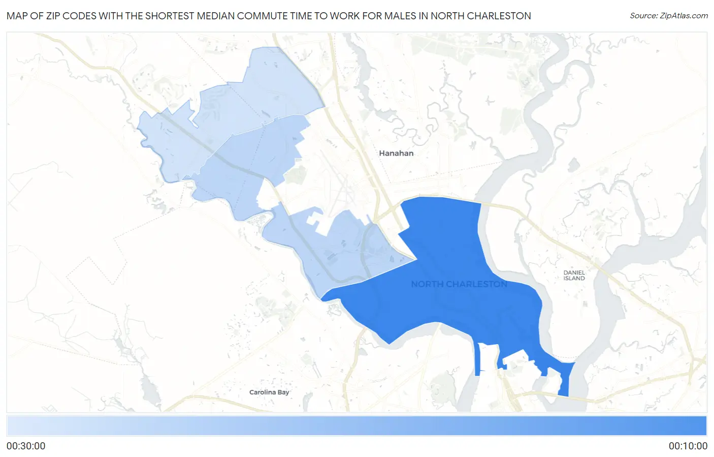 Zip Codes with the Shortest Median Commute Time to Work for Males in North Charleston Map