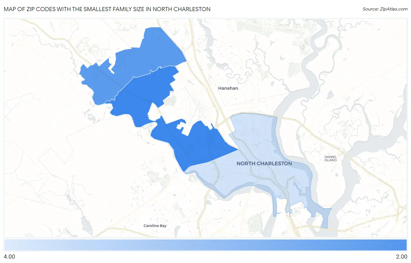 Zip Codes with the Smallest Family Size in North Charleston Map