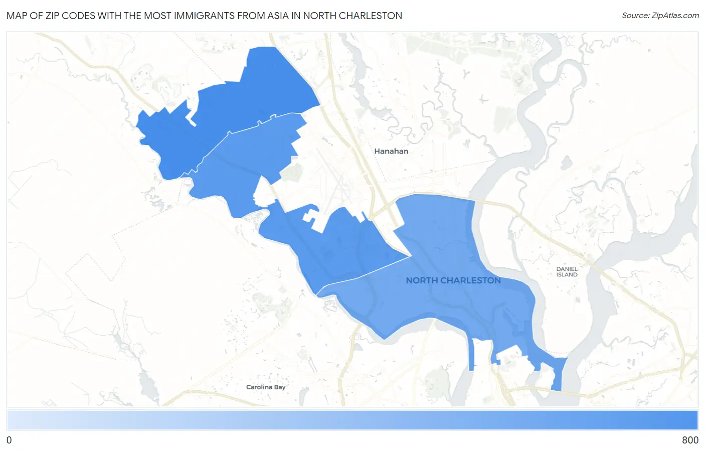 Zip Codes with the Most Immigrants from Asia in North Charleston Map