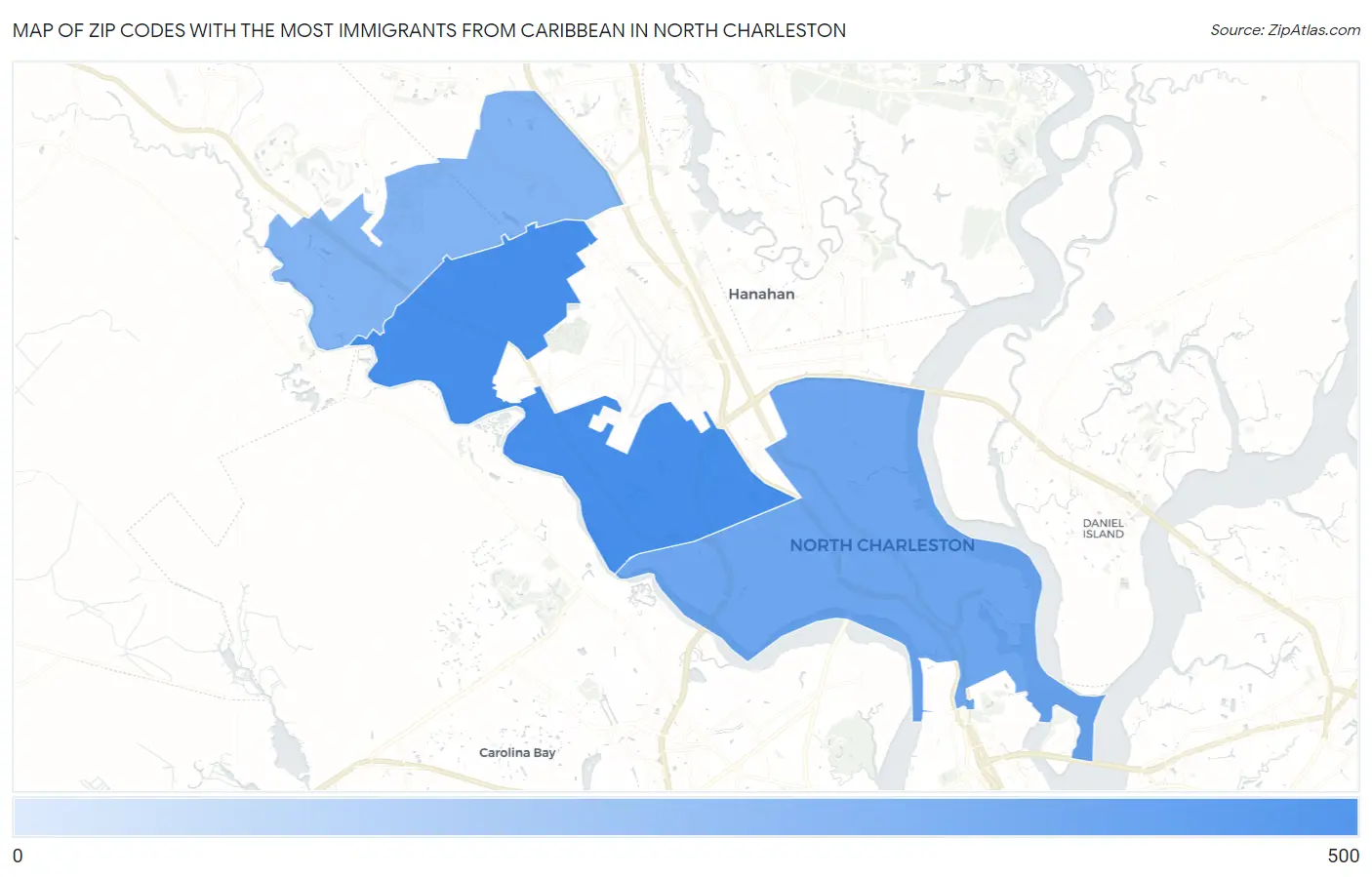 Zip Codes with the Most Immigrants from Caribbean in North Charleston Map