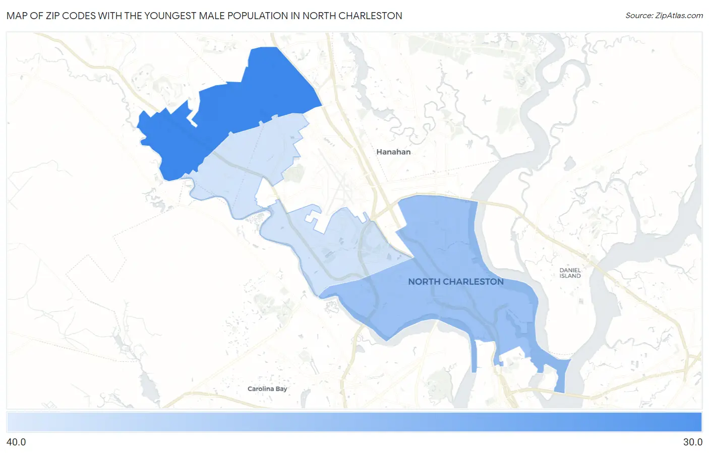 Zip Codes with the Youngest Male Population in North Charleston Map