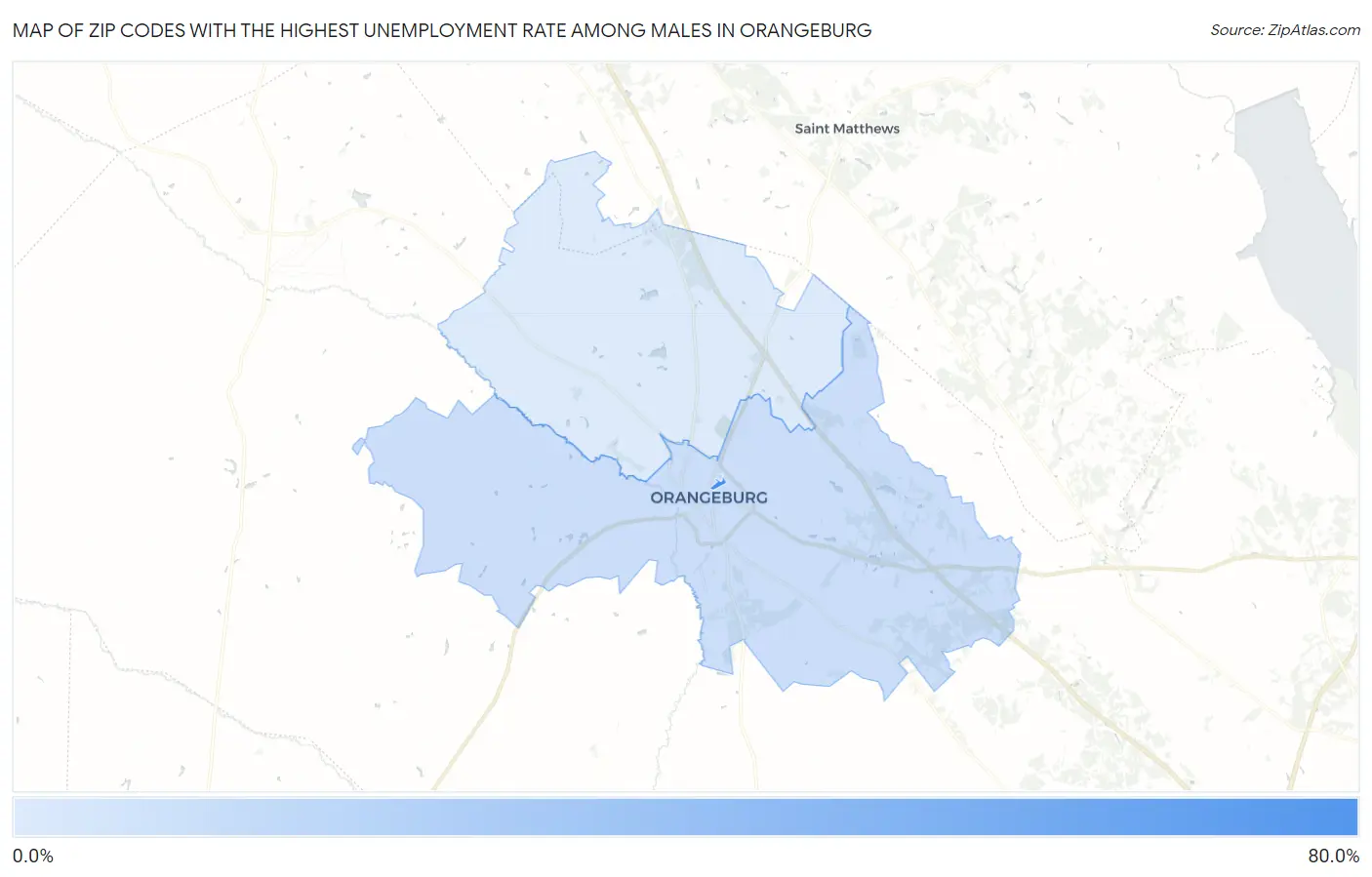 Zip Codes with the Highest Unemployment Rate Among Males in Orangeburg Map