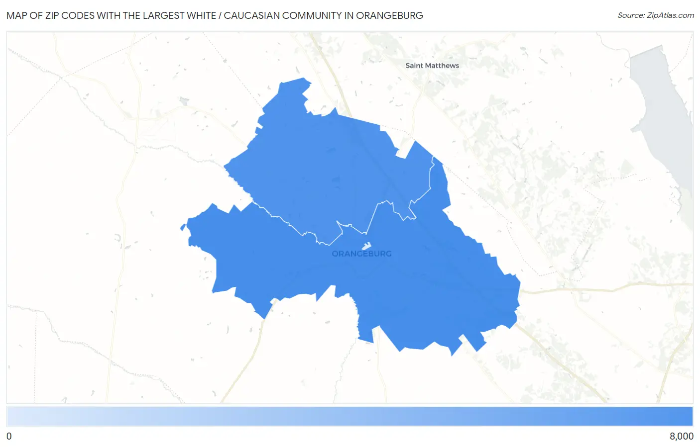 Zip Codes with the Largest White / Caucasian Community in Orangeburg Map