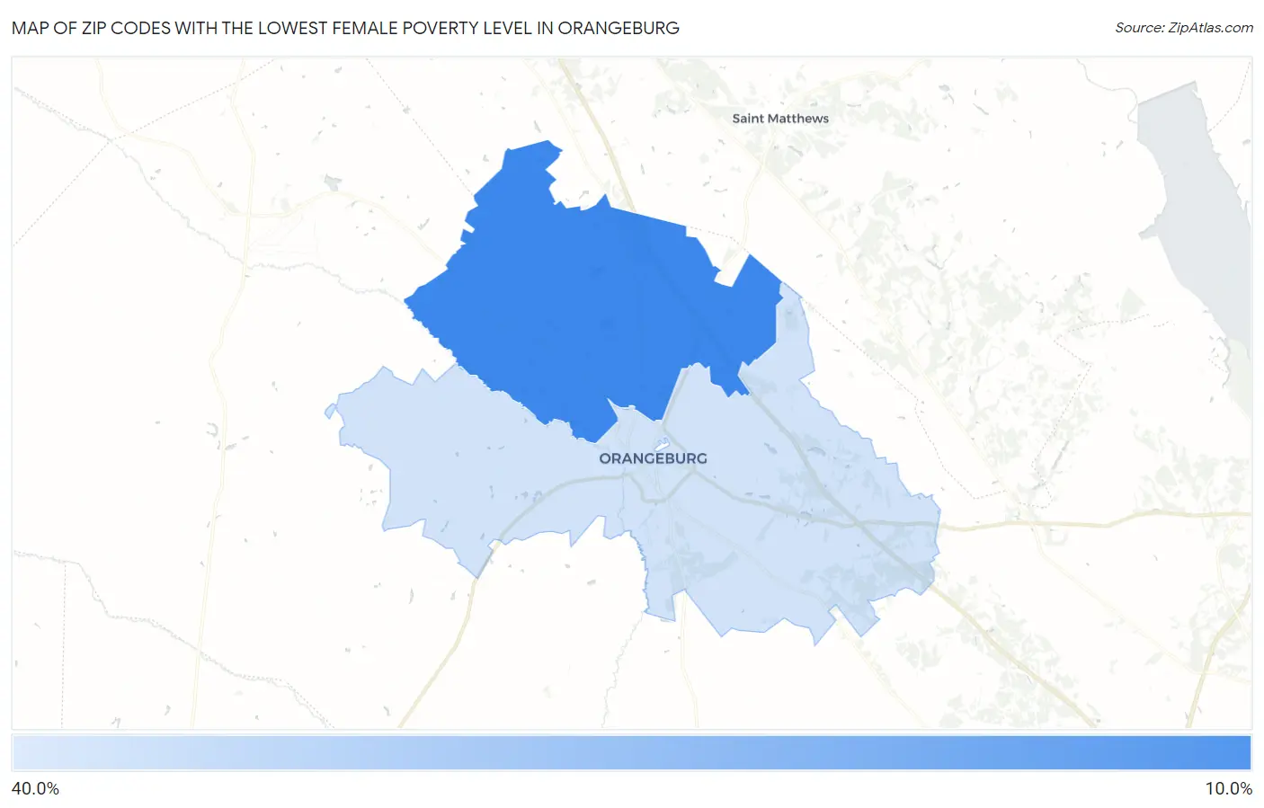 Zip Codes with the Lowest Female Poverty Level in Orangeburg Map