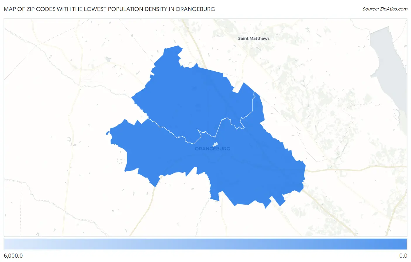 Zip Codes with the Lowest Population Density in Orangeburg Map