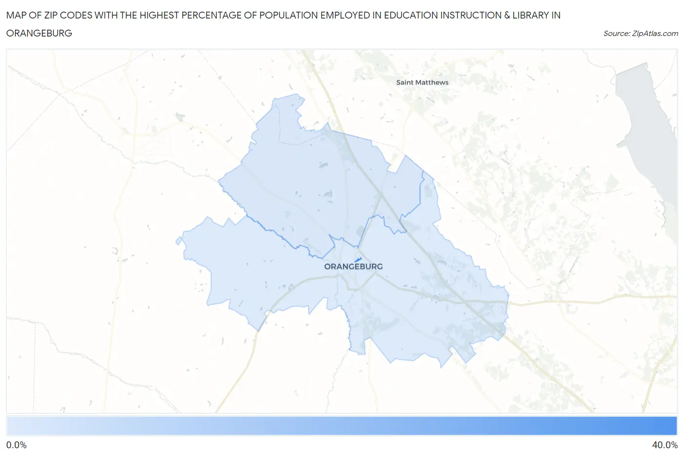 Zip Codes with the Highest Percentage of Population Employed in Education Instruction & Library in Orangeburg Map
