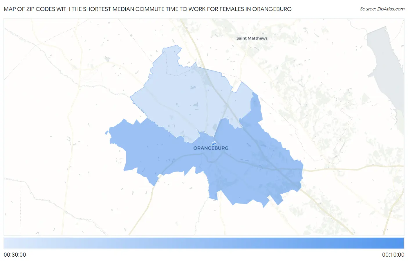 Zip Codes with the Shortest Median Commute Time to Work for Females in Orangeburg Map