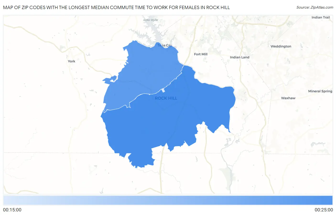 Zip Codes with the Longest Median Commute Time to Work for Females in Rock Hill Map