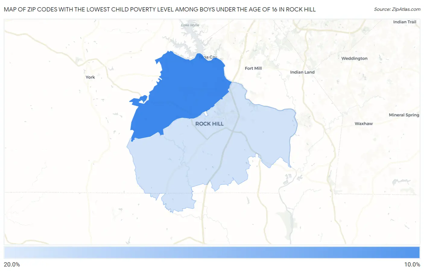 Zip Codes with the Lowest Child Poverty Level Among Boys Under the Age of 16 in Rock Hill Map