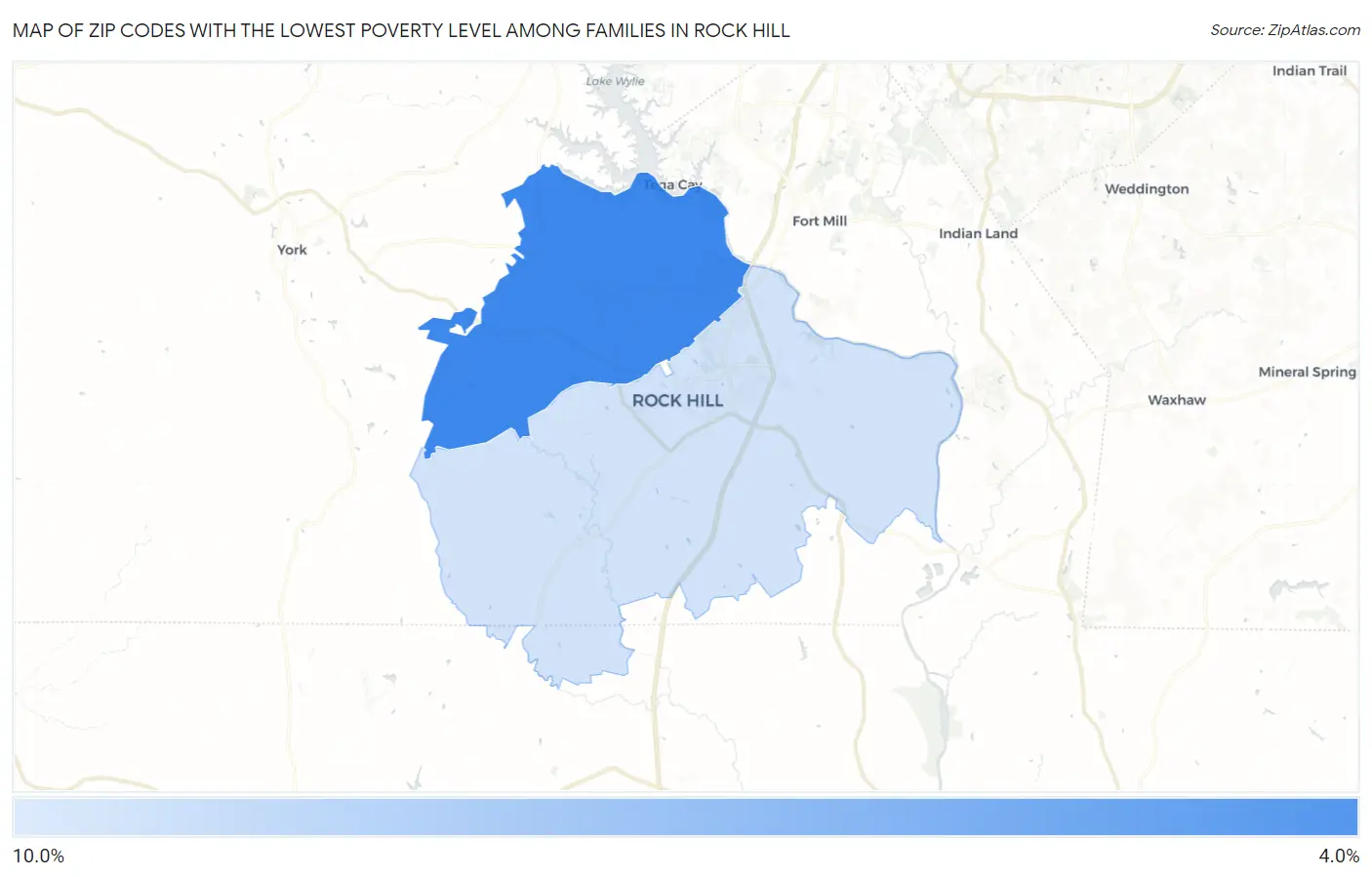 Zip Codes with the Lowest Poverty Level Among Families in Rock Hill Map