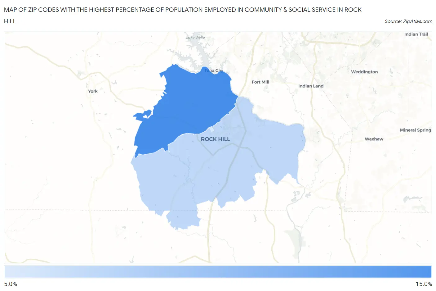 Zip Codes with the Highest Percentage of Population Employed in Community & Social Service  in Rock Hill Map