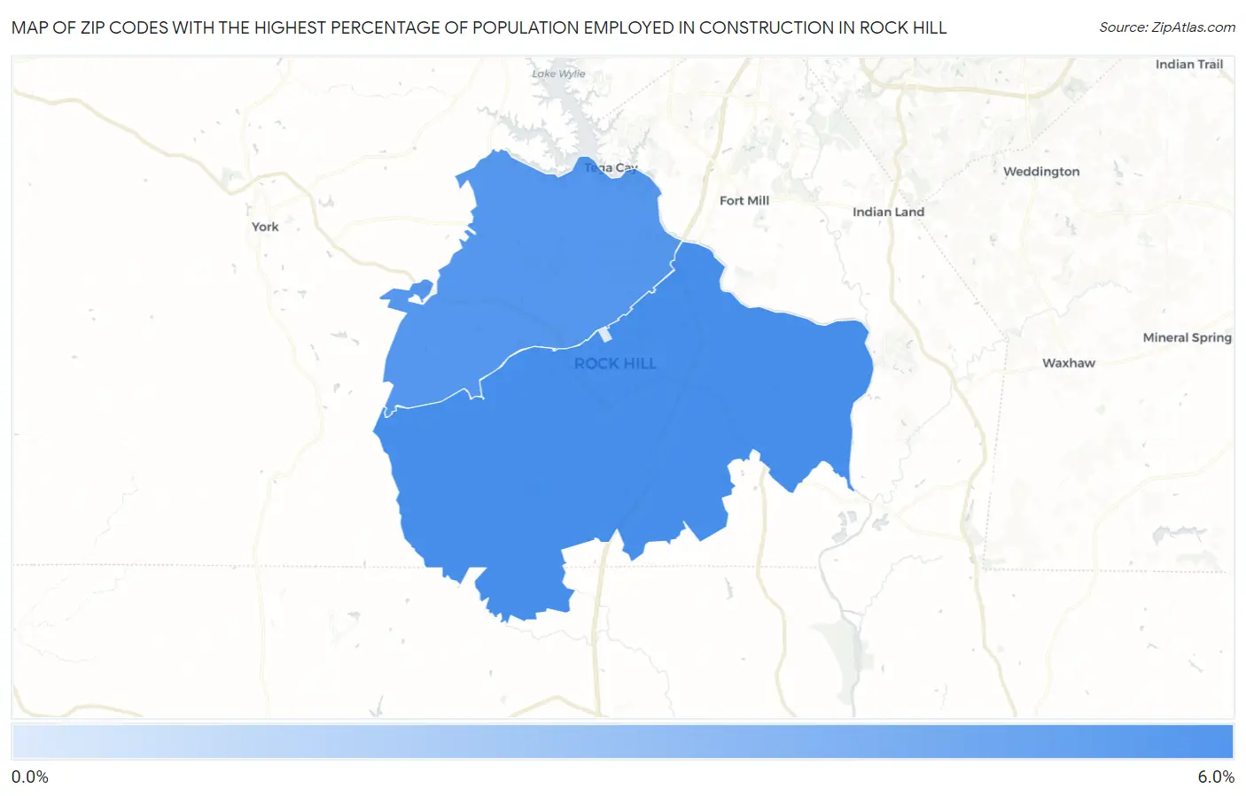 Zip Codes with the Highest Percentage of Population Employed in Construction in Rock Hill Map