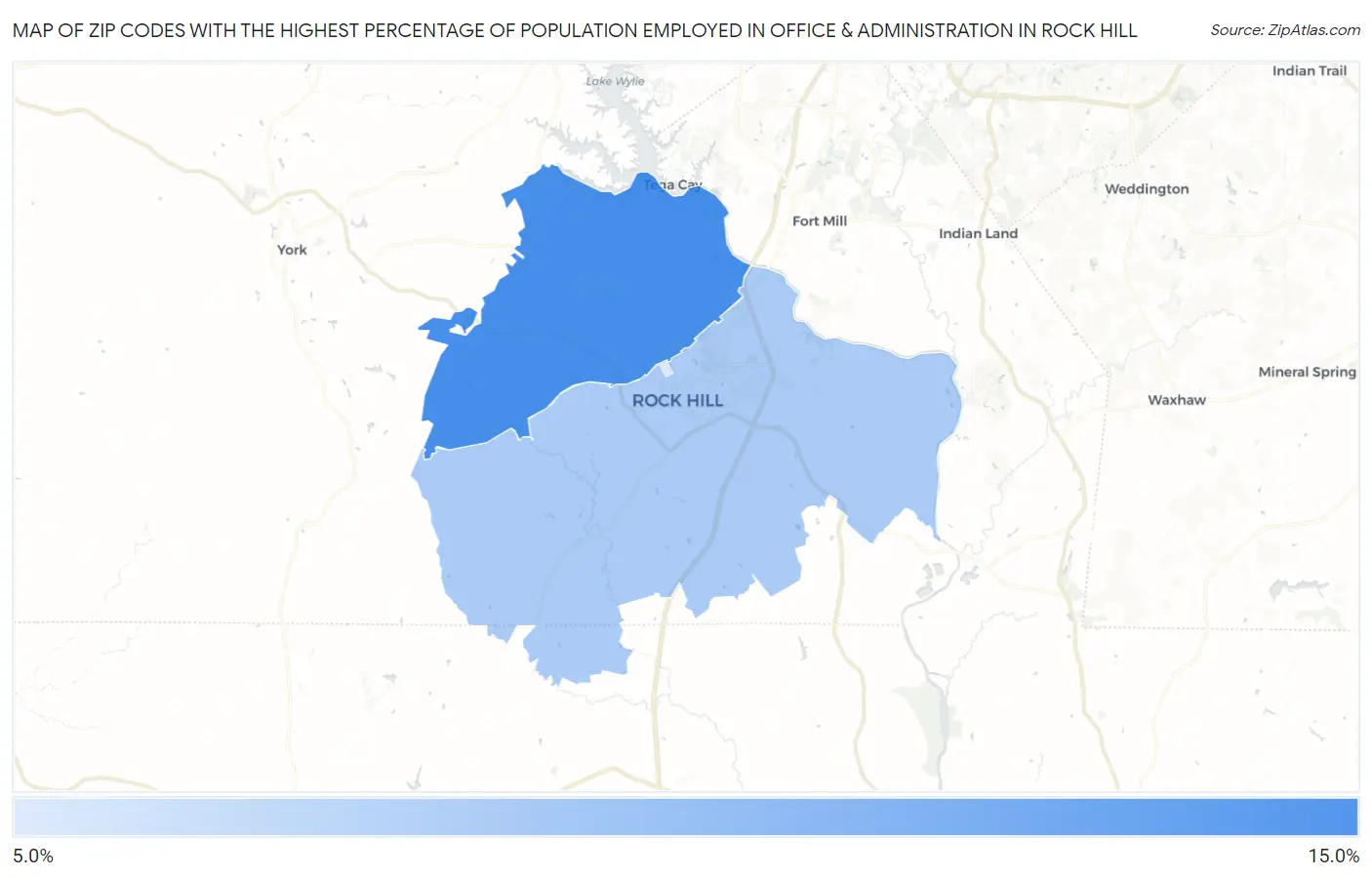Zip Codes with the Highest Percentage of Population Employed in Office & Administration in Rock Hill Map