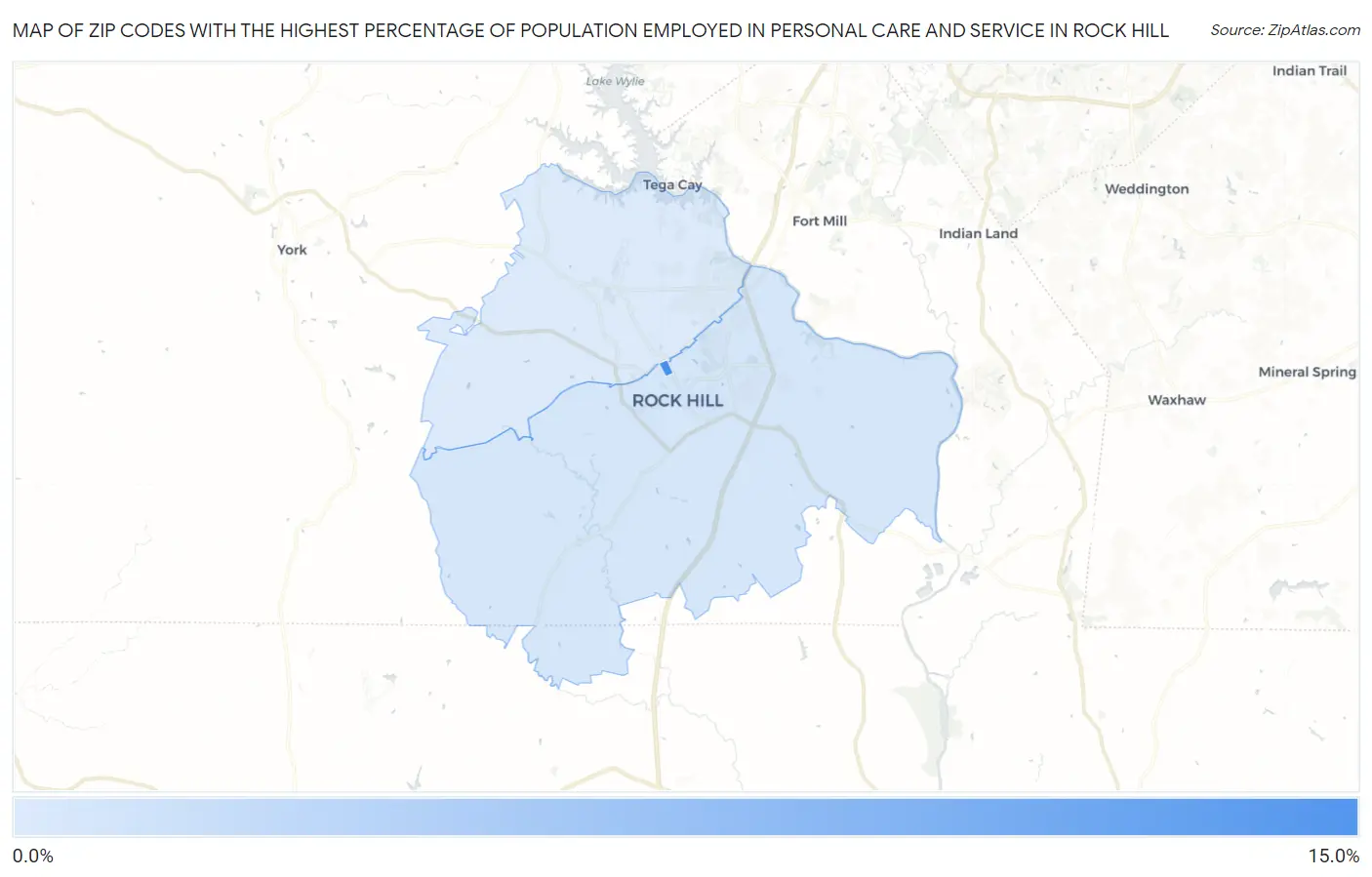 Zip Codes with the Highest Percentage of Population Employed in Personal Care and Service in Rock Hill Map