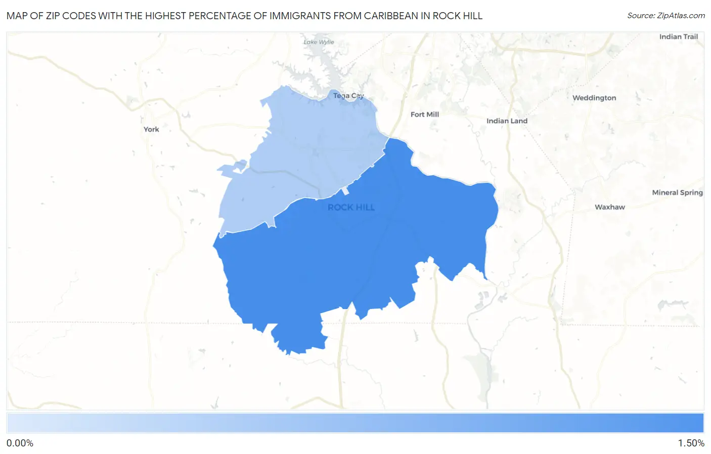 Zip Codes with the Highest Percentage of Immigrants from Caribbean in Rock Hill Map