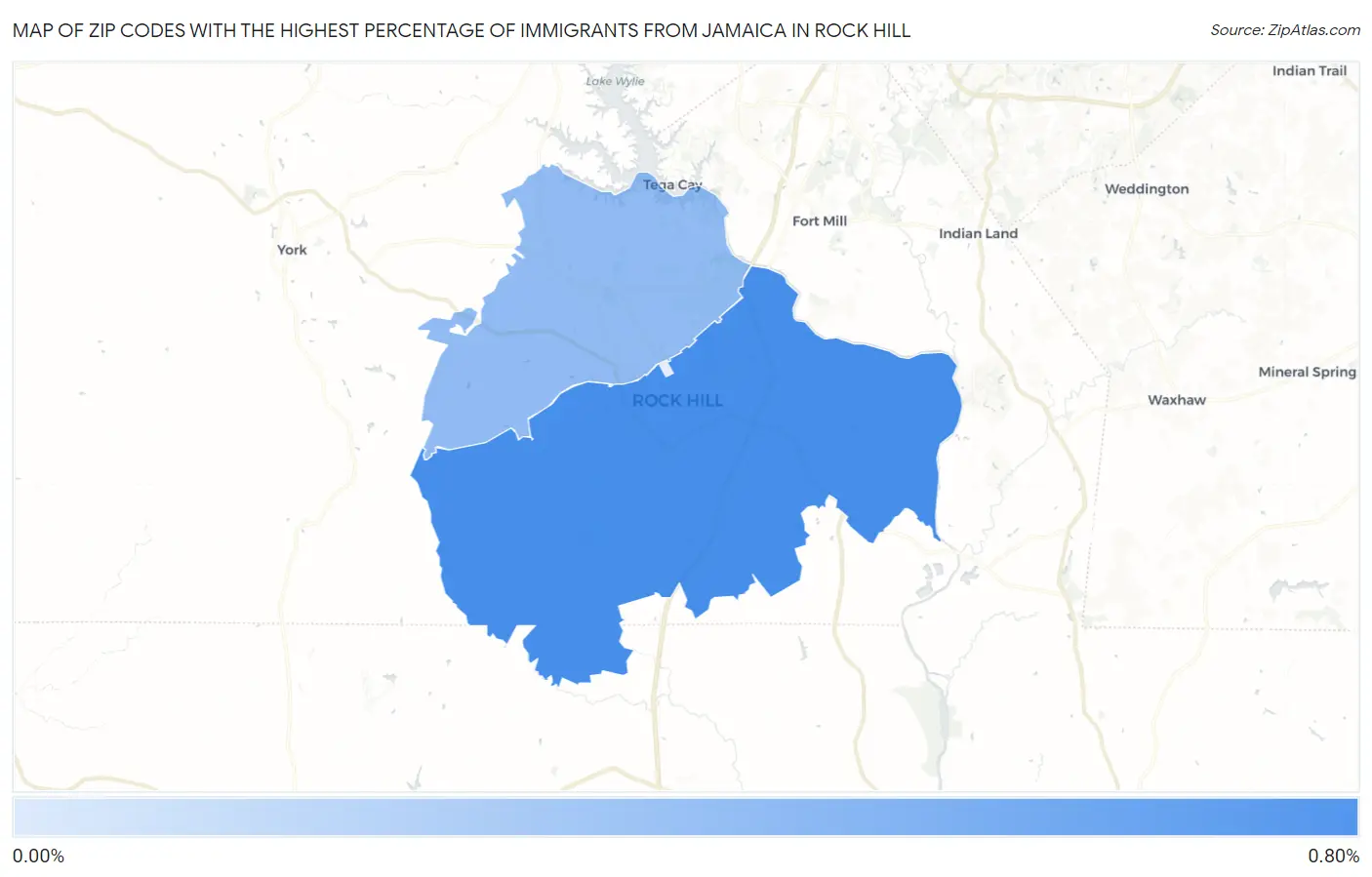 Zip Codes with the Highest Percentage of Immigrants from Jamaica in Rock Hill Map