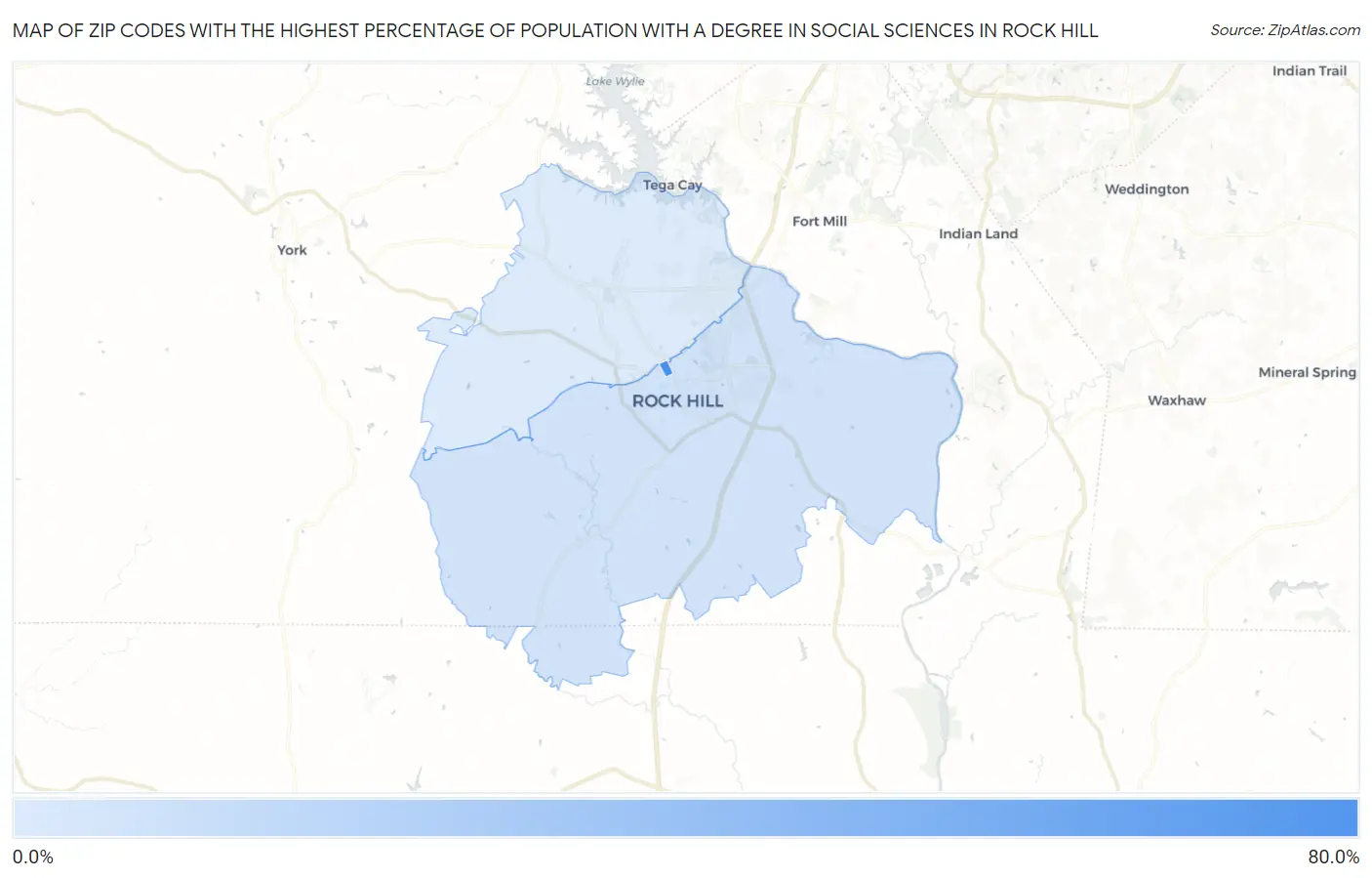 Zip Codes with the Highest Percentage of Population with a Degree in Social Sciences in Rock Hill Map