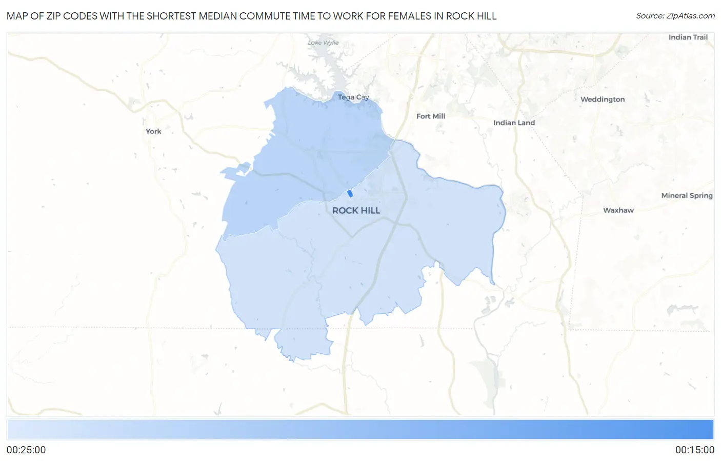 Zip Codes with the Shortest Median Commute Time to Work for Females in Rock Hill Map