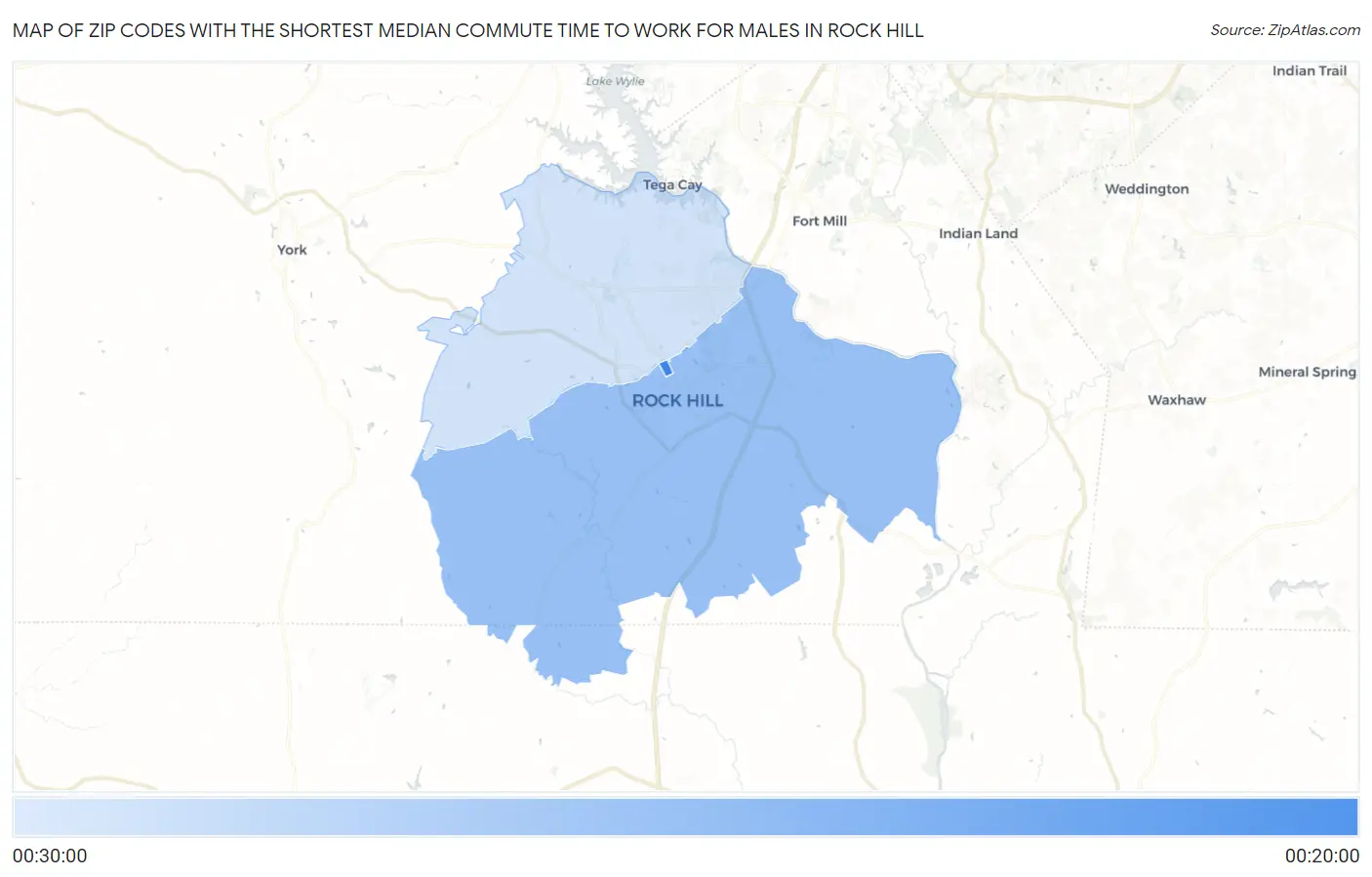 Zip Codes with the Shortest Median Commute Time to Work for Males in Rock Hill Map