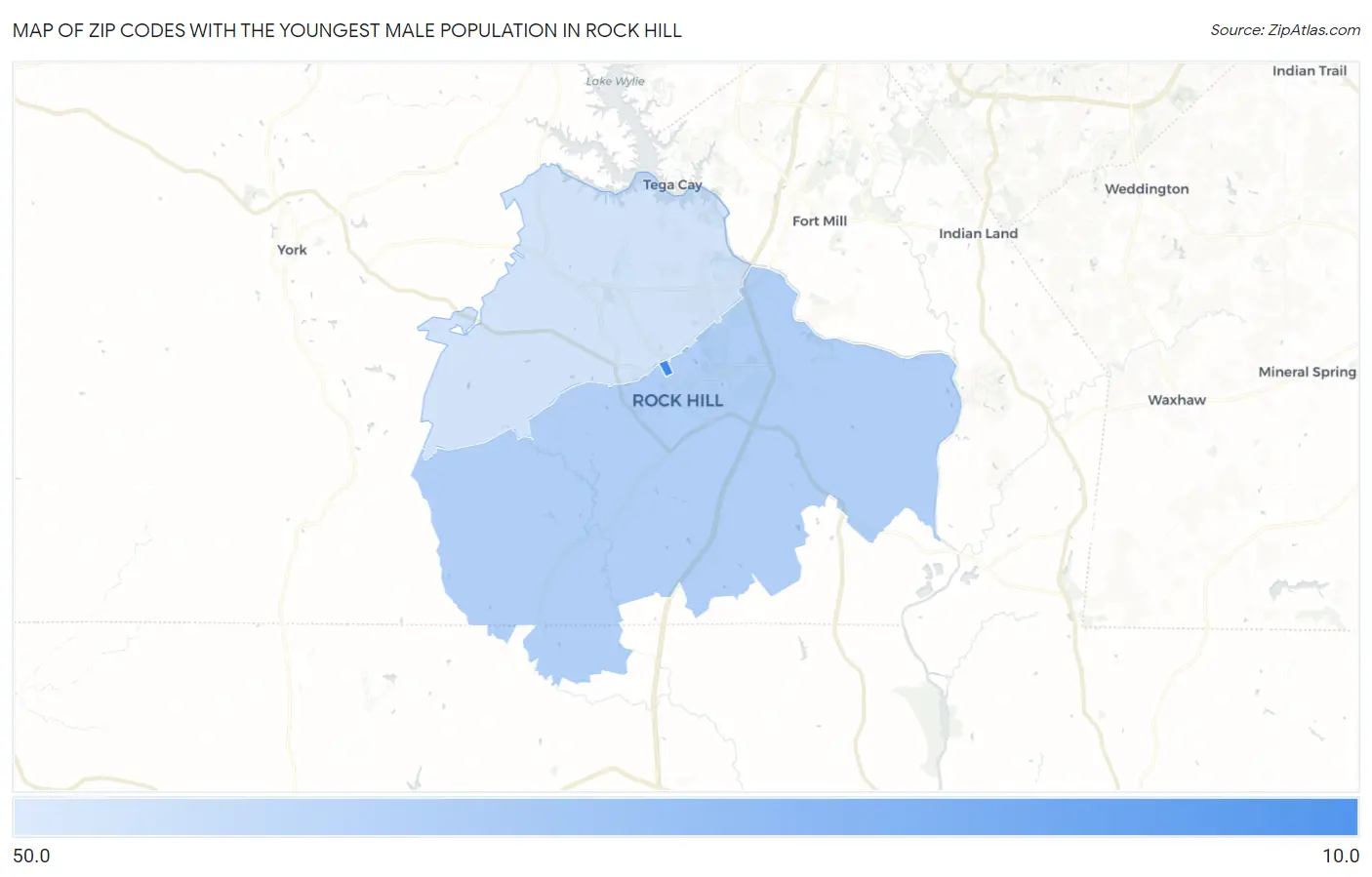 Zip Codes with the Youngest Male Population in Rock Hill Map