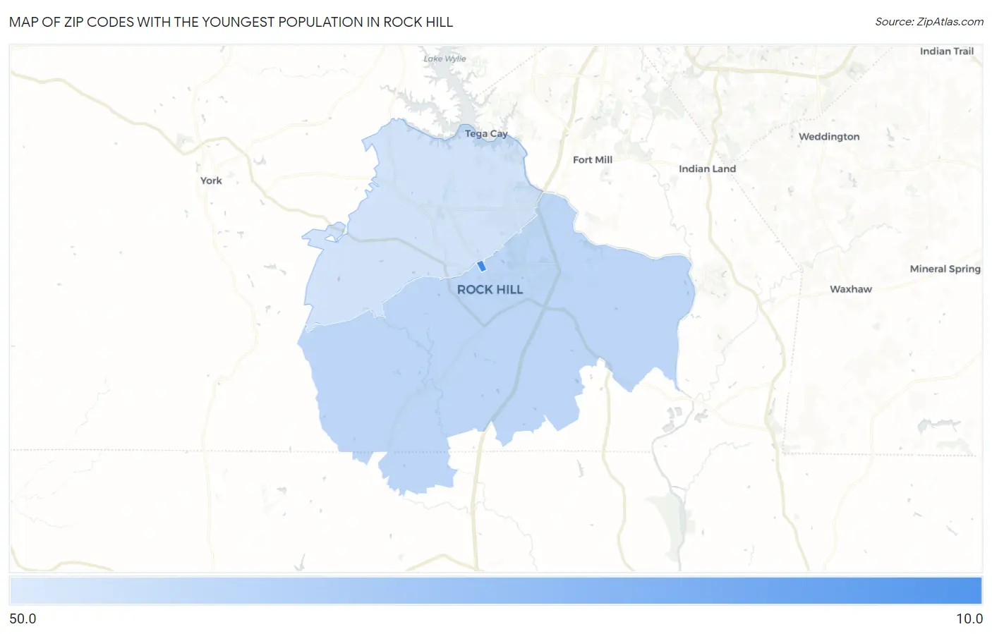 Zip Codes with the Youngest Population in Rock Hill Map