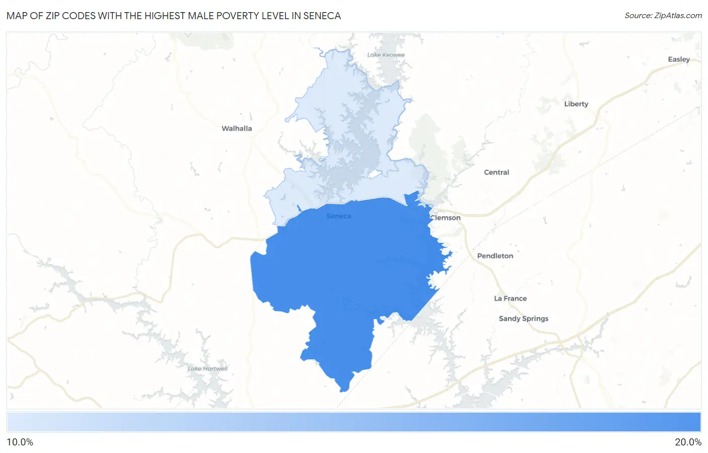 Zip Codes with the Highest Male Poverty Level in Seneca Map