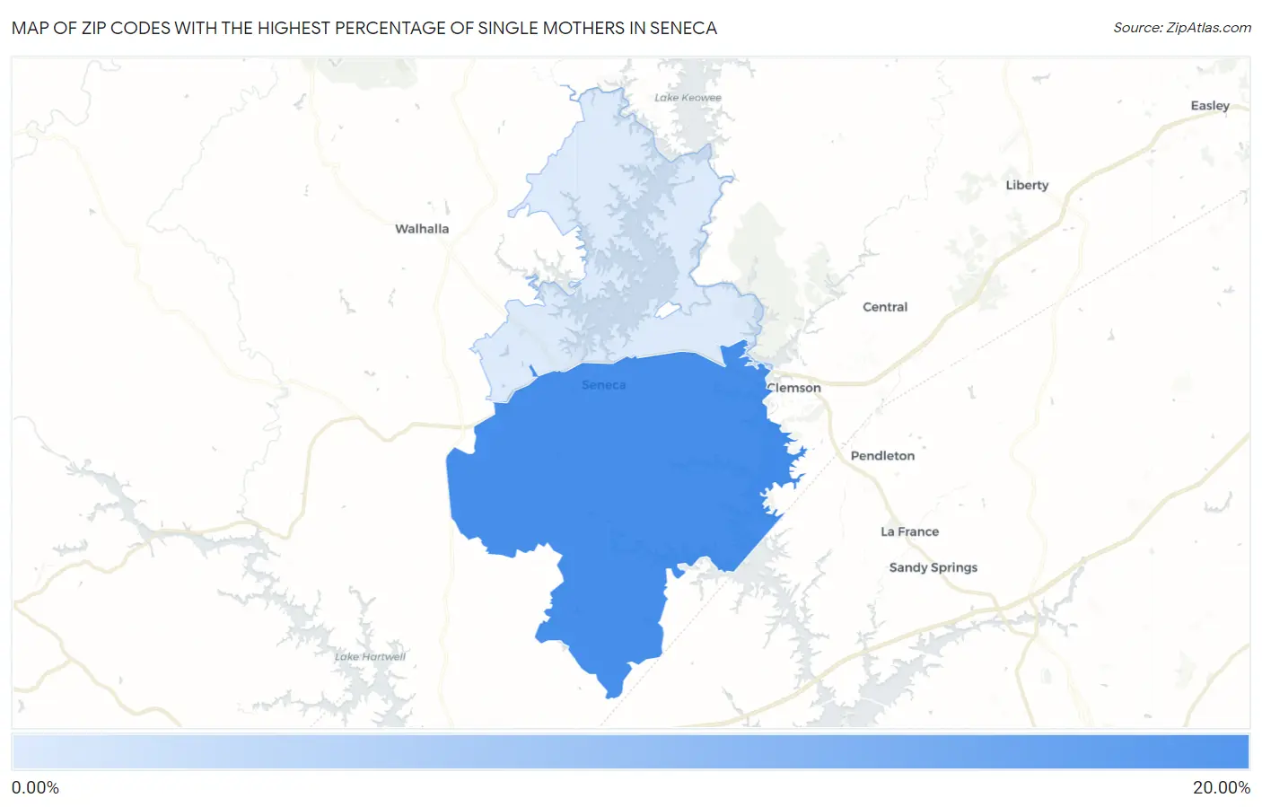 Zip Codes with the Highest Percentage of Single Mothers in Seneca Map