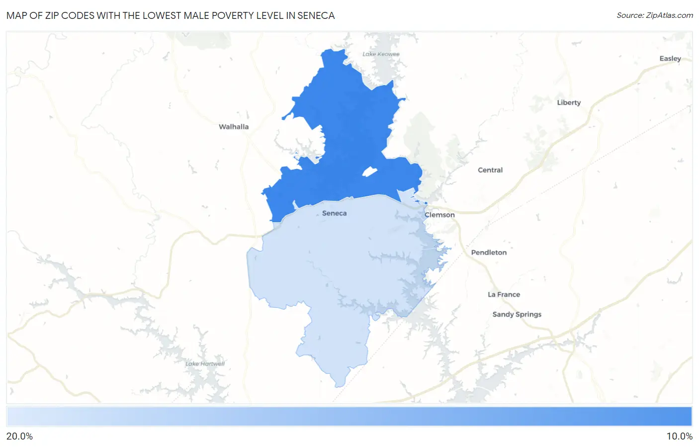 Zip Codes with the Lowest Male Poverty Level in Seneca Map