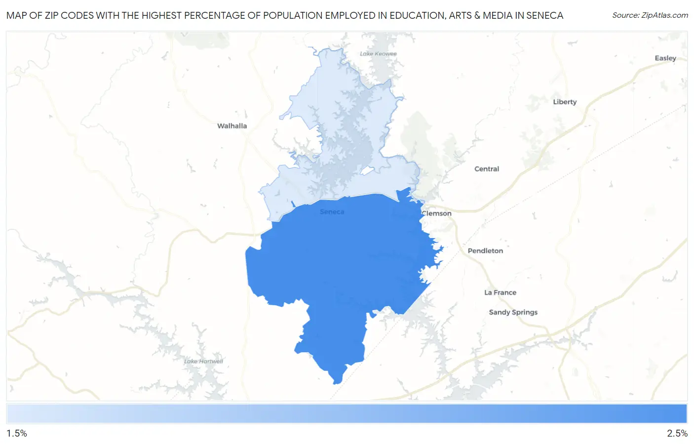 Zip Codes with the Highest Percentage of Population Employed in Education, Arts & Media in Seneca Map